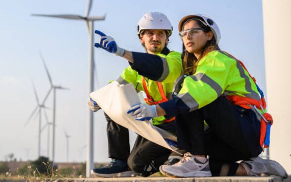 El- och energiprogrammet El lärare och lärling framför några vindkraftverk.