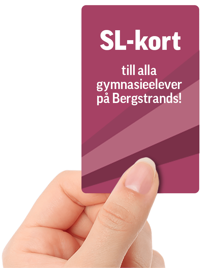 SL kort Hand som håller ett magentafärgat sl-kort med text som erbjuder det till alla gymnasieelever på bergstrands.