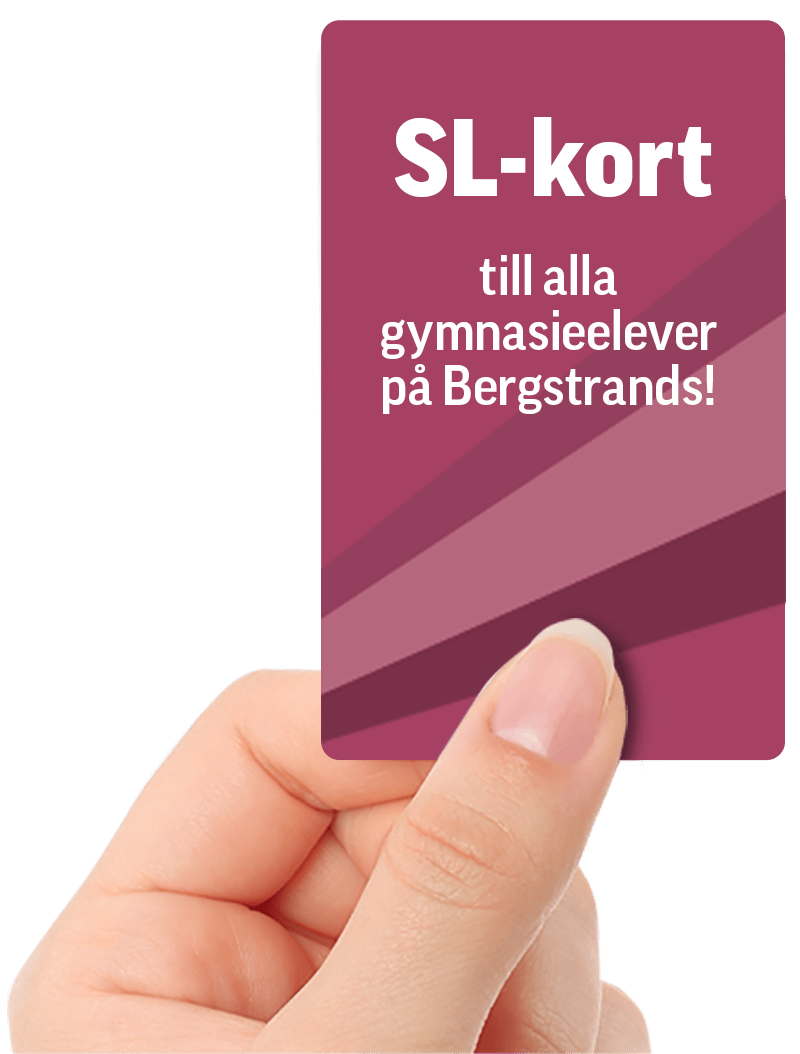 Hand som håller ett magentafärgat sl-kort med text som erbjuder det till alla gymnasieelever på bergstrands.