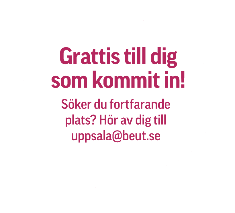 En pratbubbla med svensk text som gratulerar till att ha blivit antagen och ger ett e-postmeddelande till dem som fortfarande söker en plats.