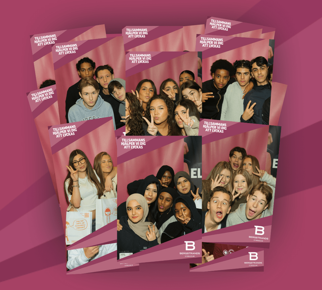 Tack för GY-mässa Uppsala 2025 Ett collage av fyra remsor från en fotoautomat visar olika grupper av tonåringar som poserar och gör handtecken mot en rosa bakgrund med svensk text och en logotyp för Brottsförebyggande rådet.